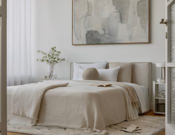 Bright,Minimalist,Bedroom,With,Soft,Neutral,Tones,,Large,Abstract,Painting