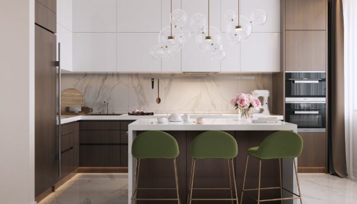 sleek-serenity-elegant-island-kitchen-green-bar-stools